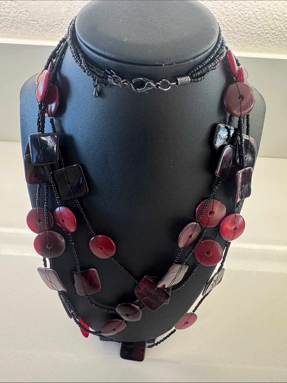 Source Unknown Multi-Strand Dark Red and Black Bead Necklace